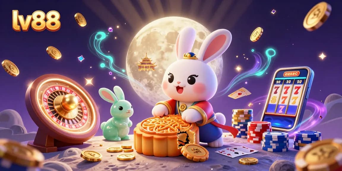 Experience excitement with lv88's 3D lunar casino scene filled with festive games and vibrant characters.