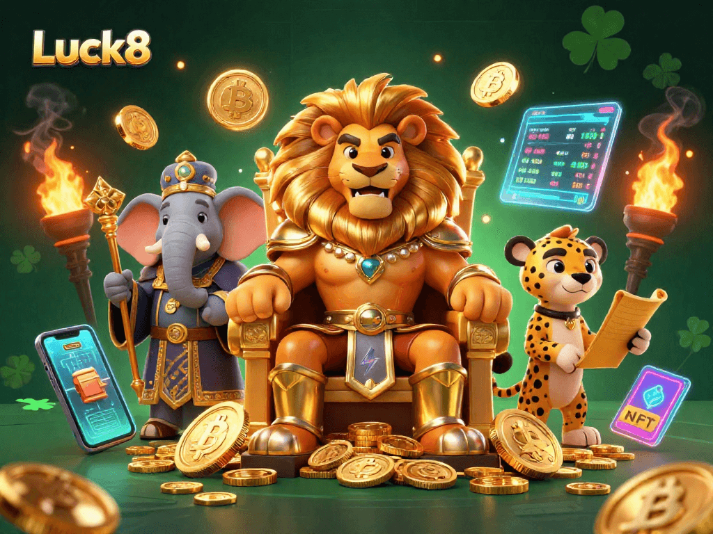 Luck8 showcases a vibrant casino scene with a lion king, elephant advisor, and cheetah messenger encapsulating excitement.