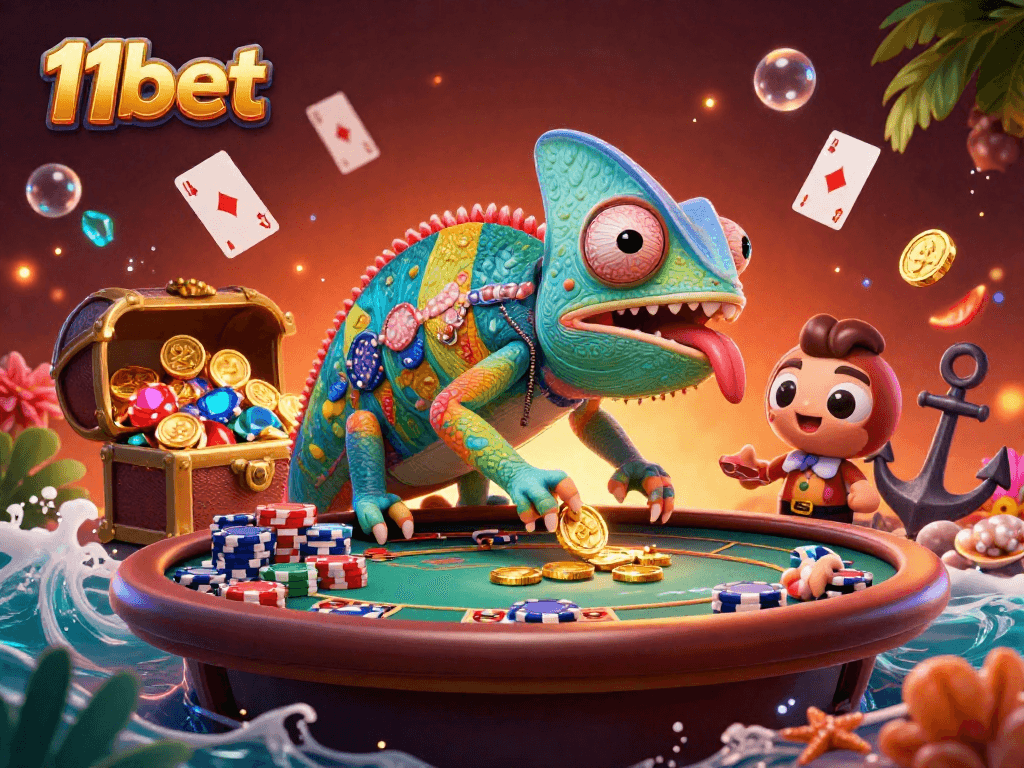 Win big with 11bet as a colorful chameleon casino owner captures golden coins in a vibrant scene.