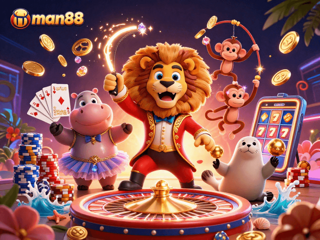 Spin the wheel at man88 with vibrant characters and dazzling casino elements in rich 3D detail.
