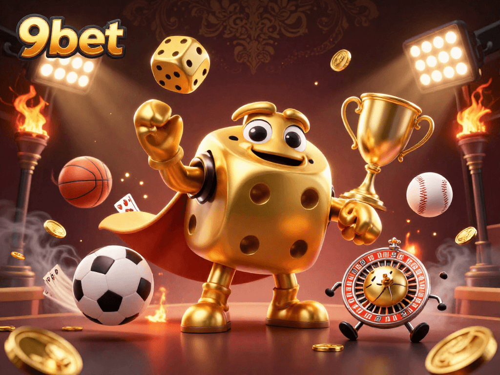 Win big at 9bet with colorful characters and dynamic sports elements in this vibrant scene.