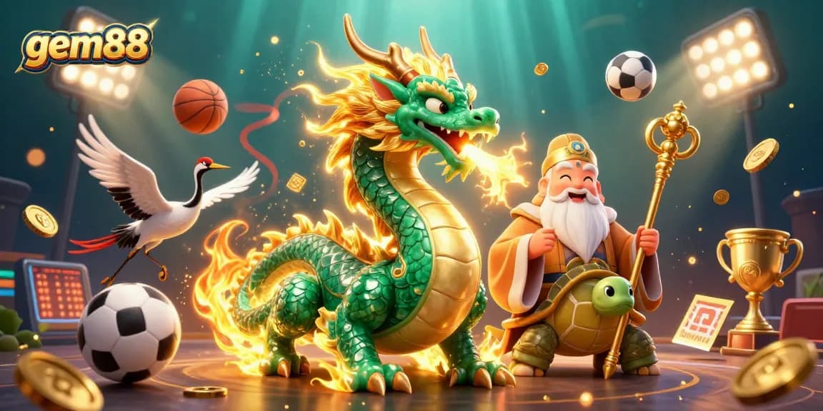 Experience thrilling sports betting at gem88 with an emerald jade dragon and lucky symbols.