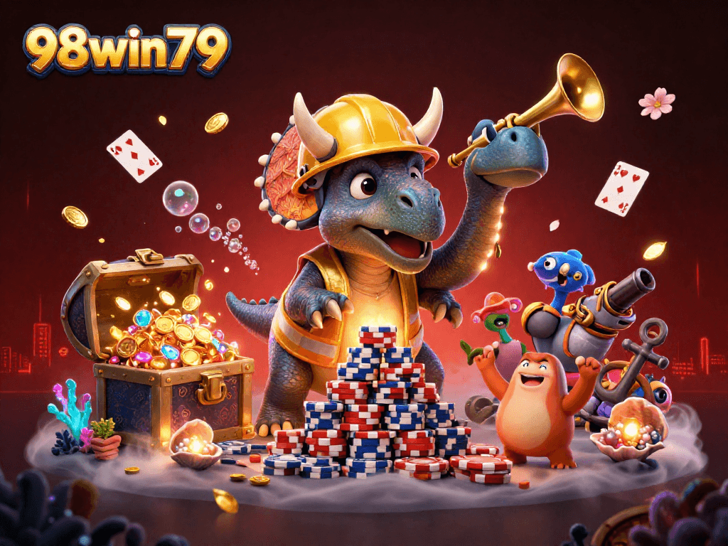 Experience thrilling adventures at 98win79 with animated characters celebrating wins in a colorful casino