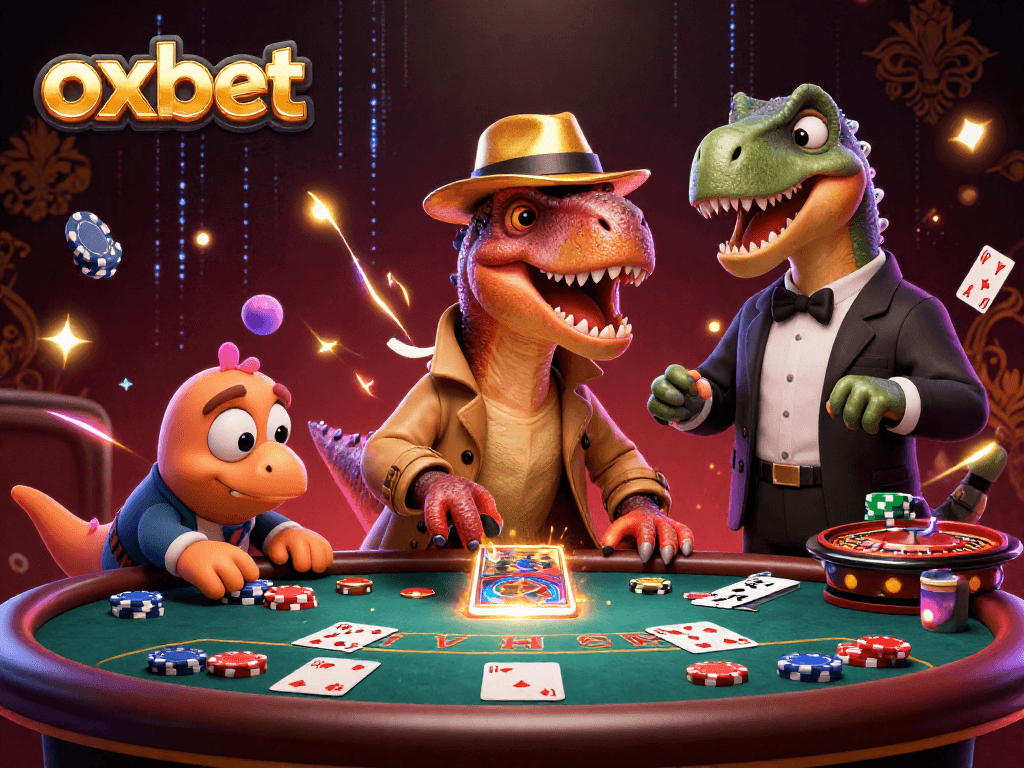 Experience the thrill of oxbet as a velociraptor card counter blends into the casino action with vibrant gaming elements.