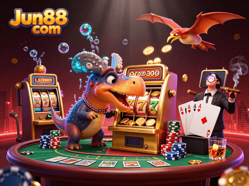 Experience exciting wins at Jun88 com as cartoon dinosaurs engage in a thrilling casino scene.