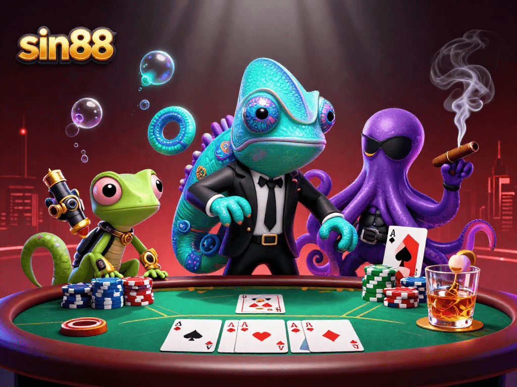 sin88 showcases a vibrant poker scene with animated characters playing cards and winning strategies.