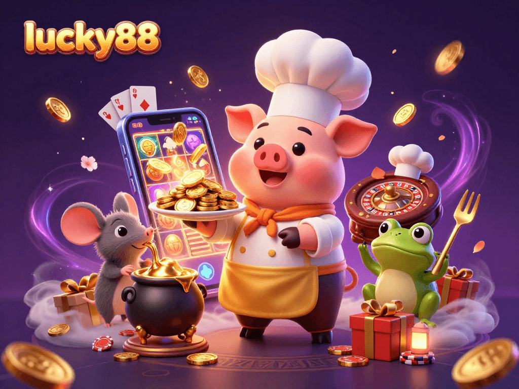 Experience the vibrant world of lucky88 as animated characters serve gold coins amidst dynamic casino elements.