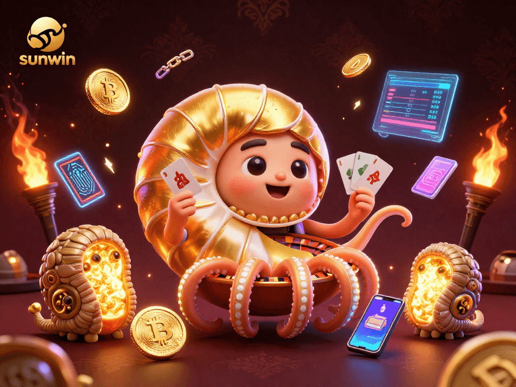Spin to win with sunwin in this vibrant 3D casino illustration featuring crypto elements.