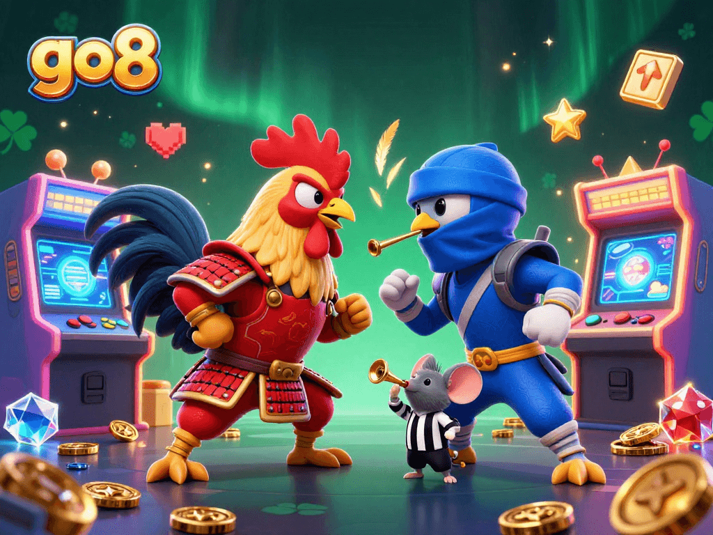 Engage with go8’s thrilling fighting rooster showdown between samurai and ninja, surrounded by dynamic gambling elements.
