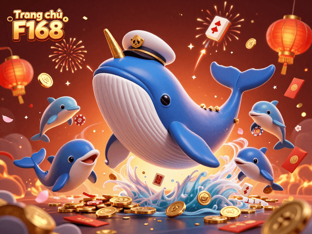 Engage with Trang chủ F168's vibrant gaming experience featuring a whale, dolphins, and festive elements.