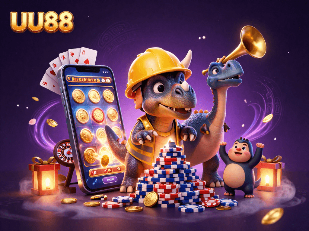 UU88's triceratops and pals build poker chip pyramids while celebrating casino wins with vibrant gaming elements.
