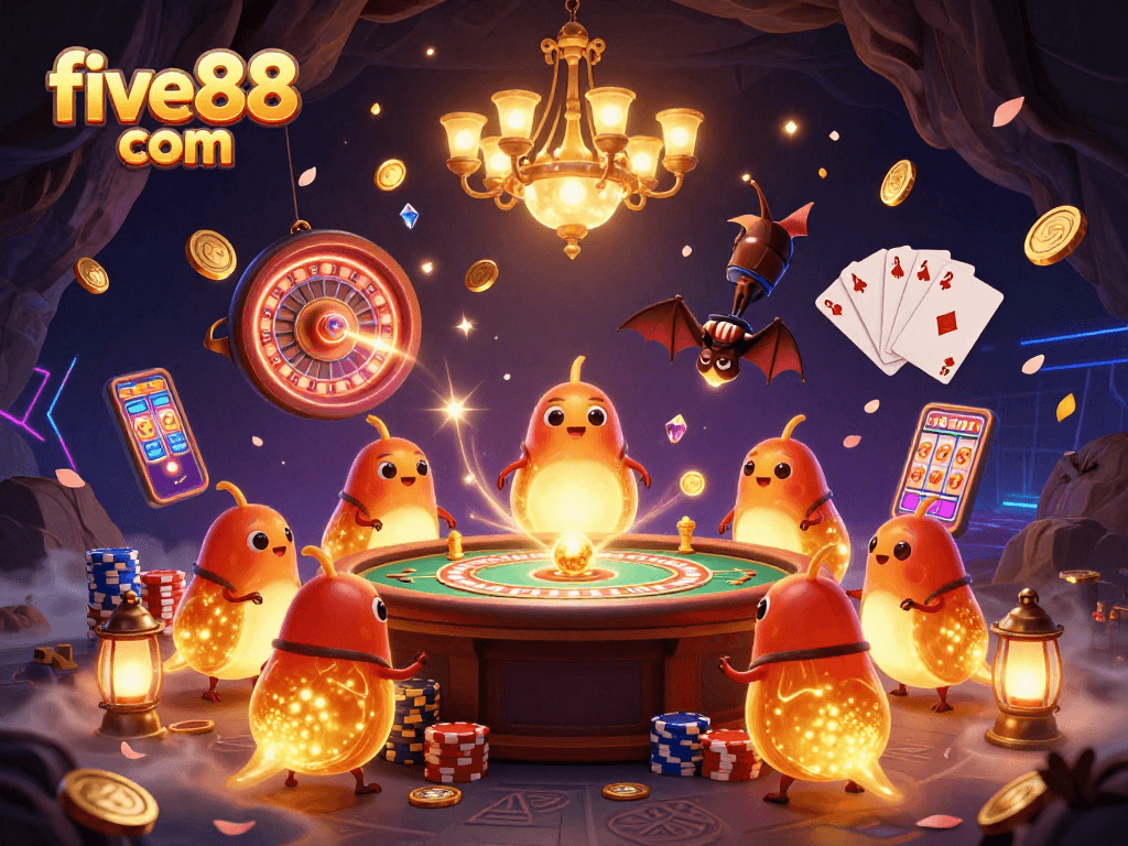 Win big at five88 com with glowing glowworms lighting the casino featuring gold coins and glamorous games.