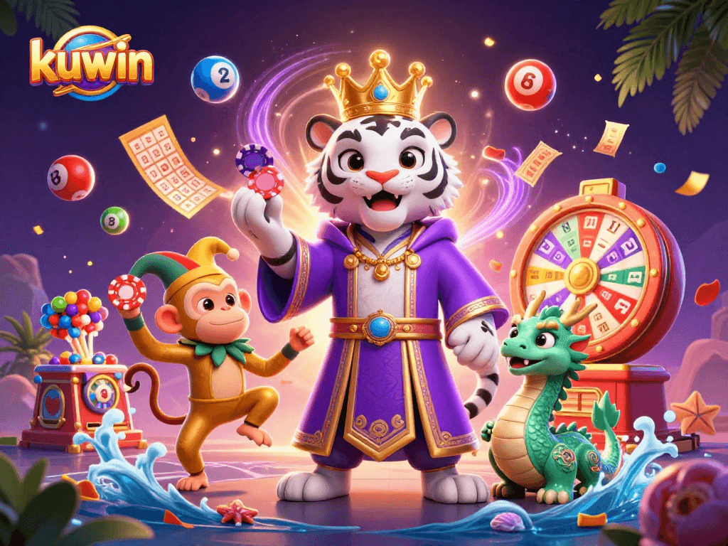 kuwin offers an exciting casino experience with a fun 3D illustration including poker chips and lottery elements.