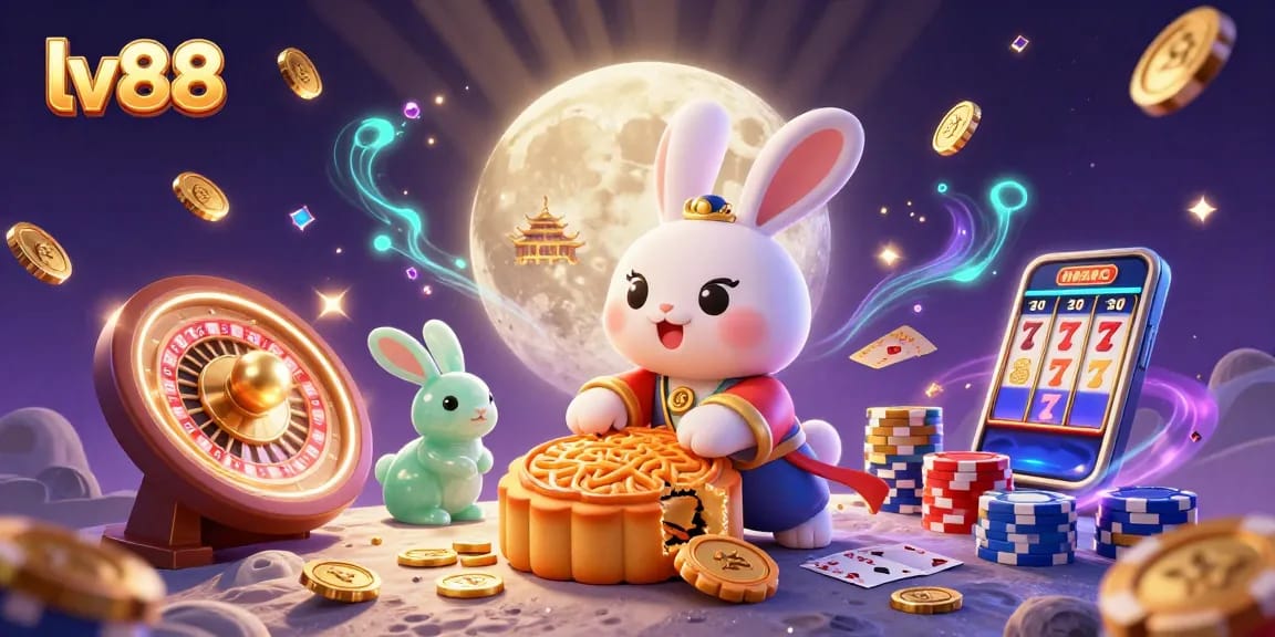 Experience excitement with lv88's 3D lunar casino scene filled with festive games and vibrant characters.