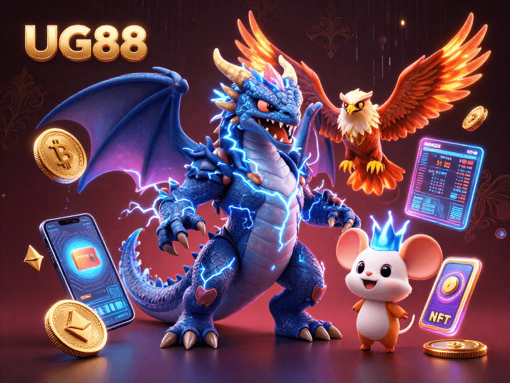 Experience thrilling adventures with UG88 in this dynamic 3D gambling scene featuring electric characters and cryptocurrency elements.