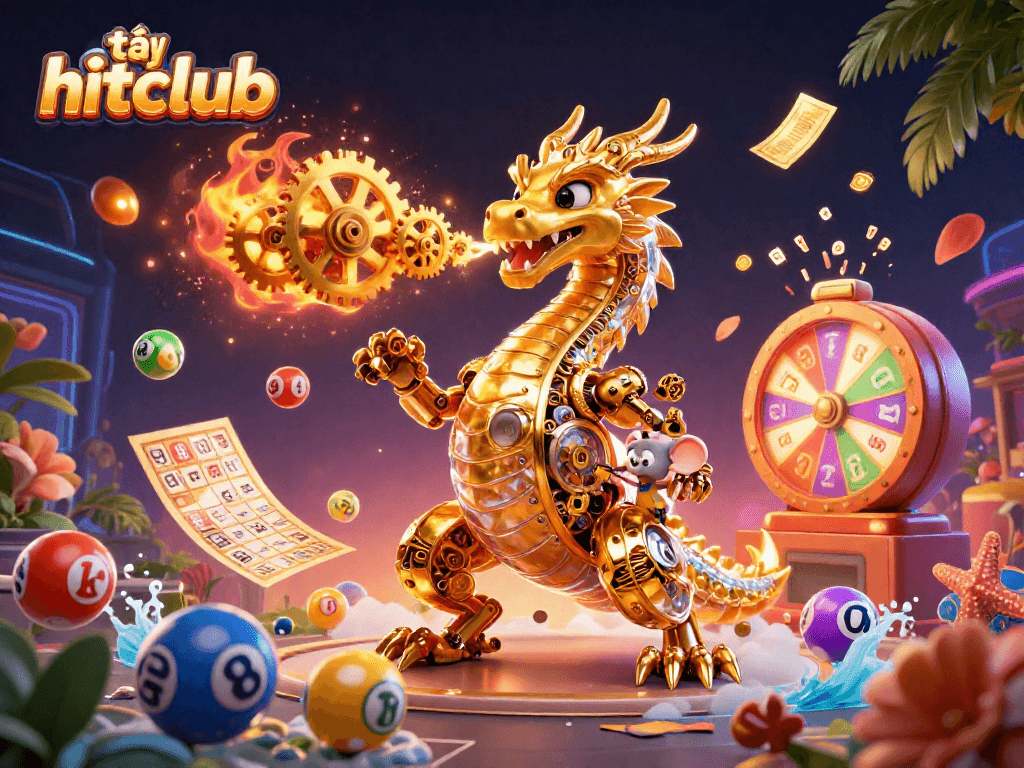 Engage with exciting tải hitclub gameplay featuring a golden dragon breathing gears and vibrant lottery elements.