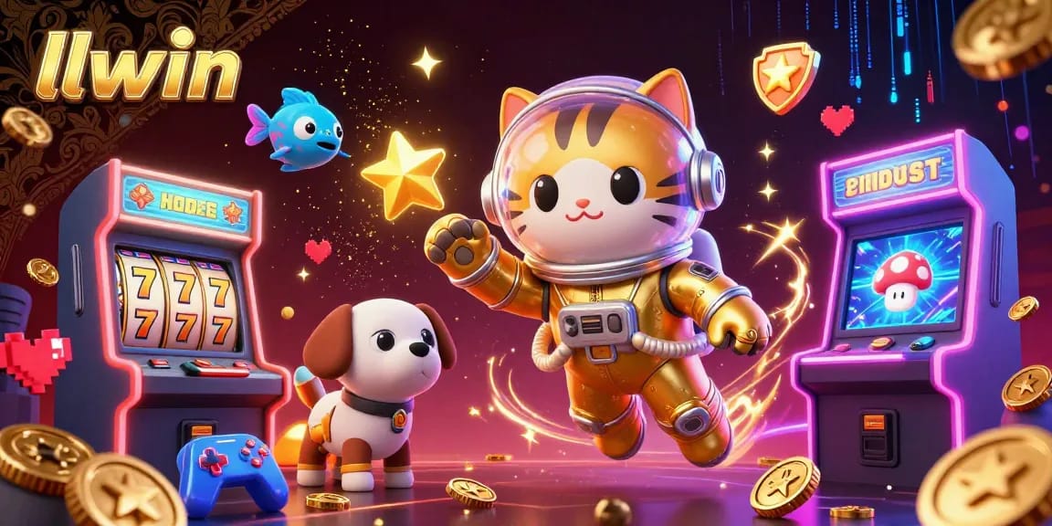 Experience the excitement of llwin with a 3D illustration of a space cat and robot dog amidst vibrant casino elements.