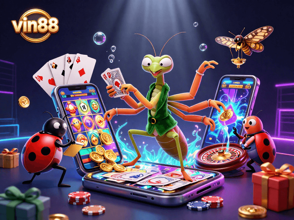 Engage with vin88's vibrant slot game magic featuring a cartoon praying mantis and a ladybug boss.