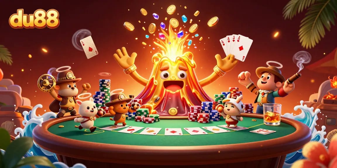Engage in exciting poker action at du88, featuring vibrant casino elements and a golden volcano.