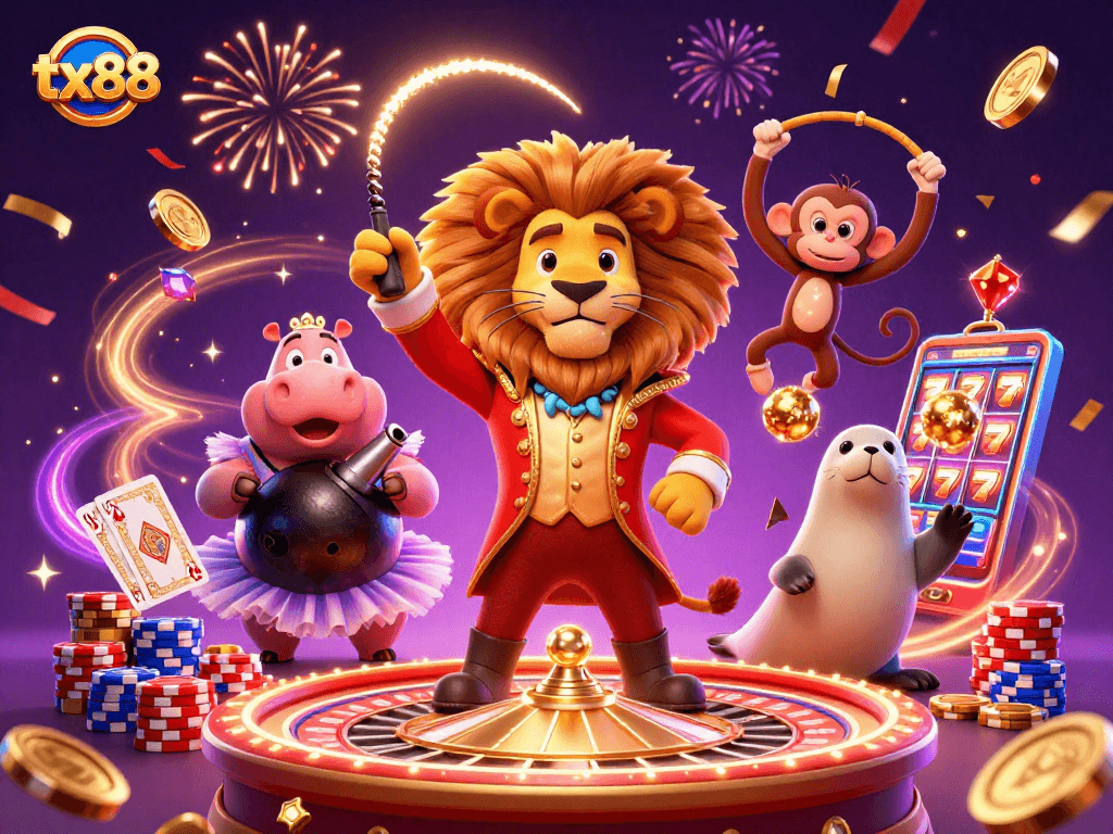 tx88 showcases a vibrant circus-themed casino scene with characters and gaming elements.