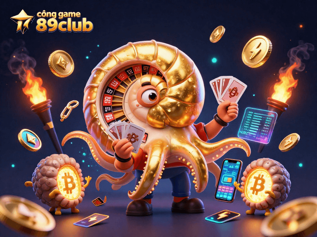 Engage with cổng game 789club featuring a vibrant 3D casino scene with characters and crypto elements.