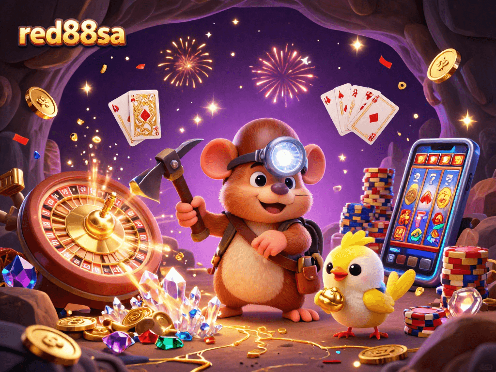 Exciting action at red88sa with a treasure hunter mole amidst cascading coins and gaming elements!