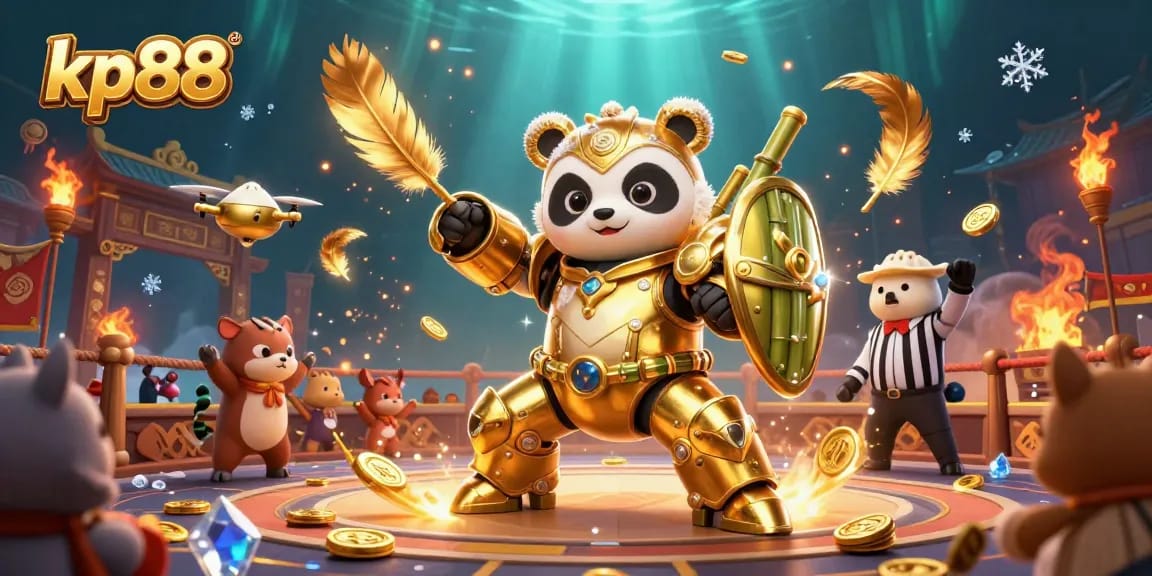Engage in thrilling sports betting with kp88, featuring a dynamic mech-suit panda in an arena.