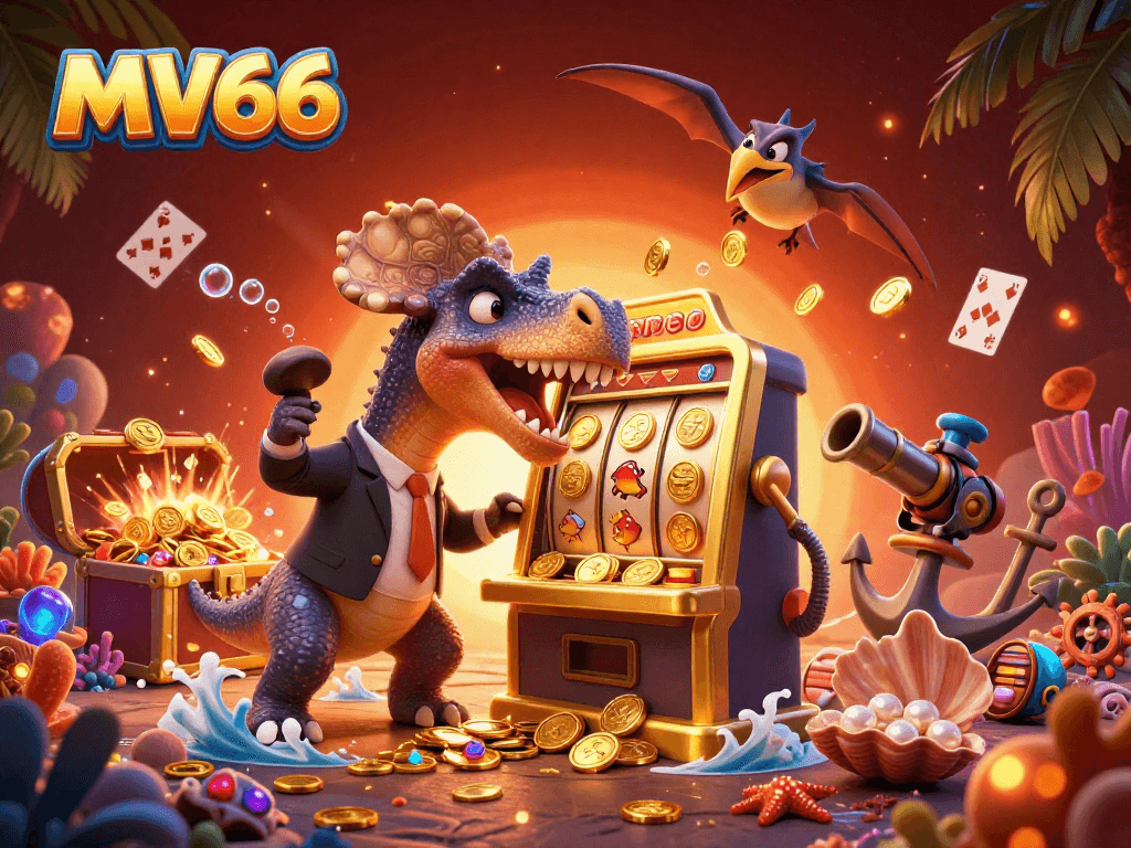 MV66 casino scene showing pachycephalosaurus celebrating jackpot wins, alongside animated casino elements.