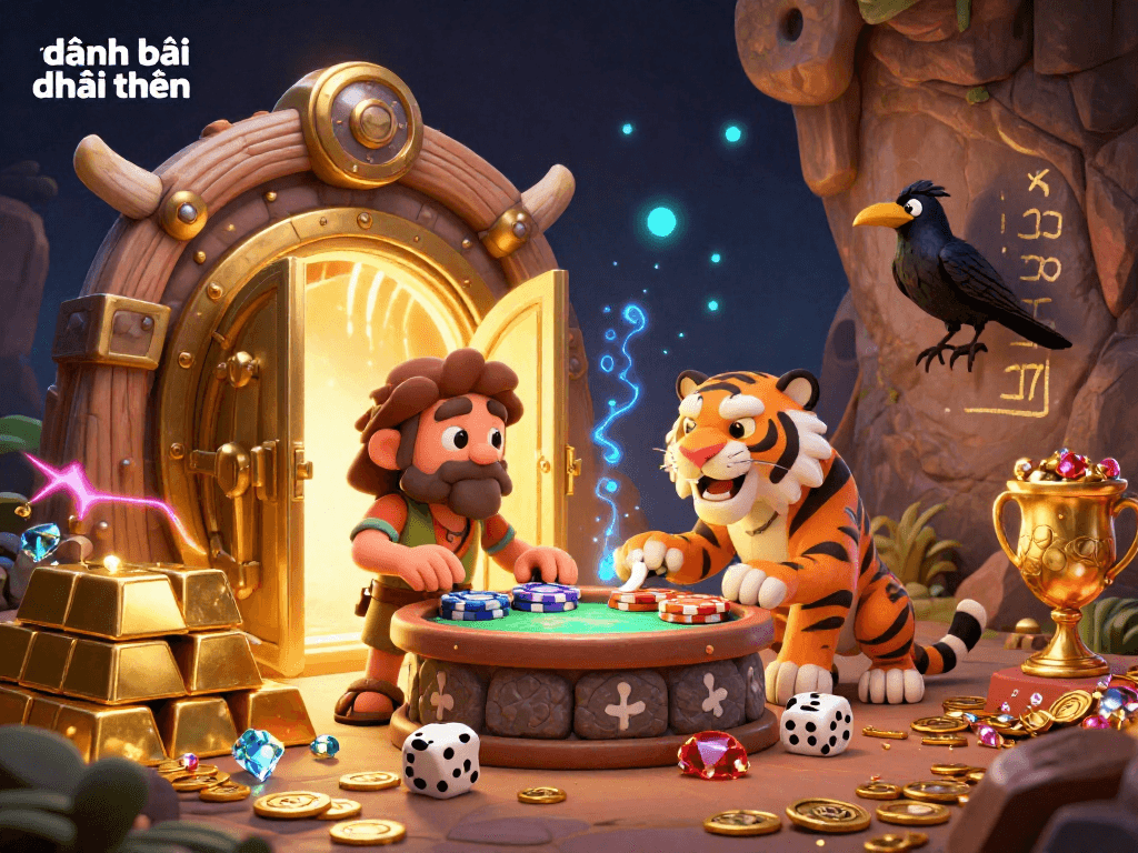 Experience đánh bài đổi thưởng in a lively prehistoric casino scene with vibrant treasures and gaming action.