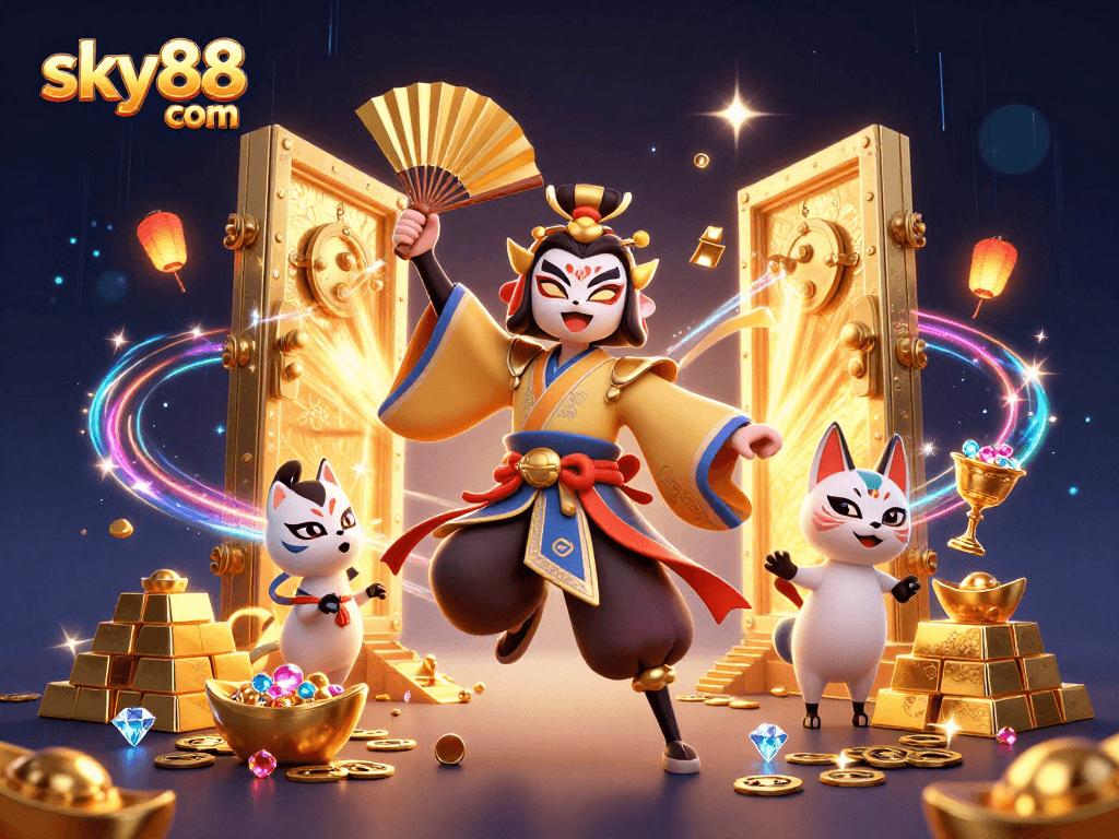 Engage with exciting offerings at sky88 com with a vibrant casino scene featuring dynamic characters and treasures.