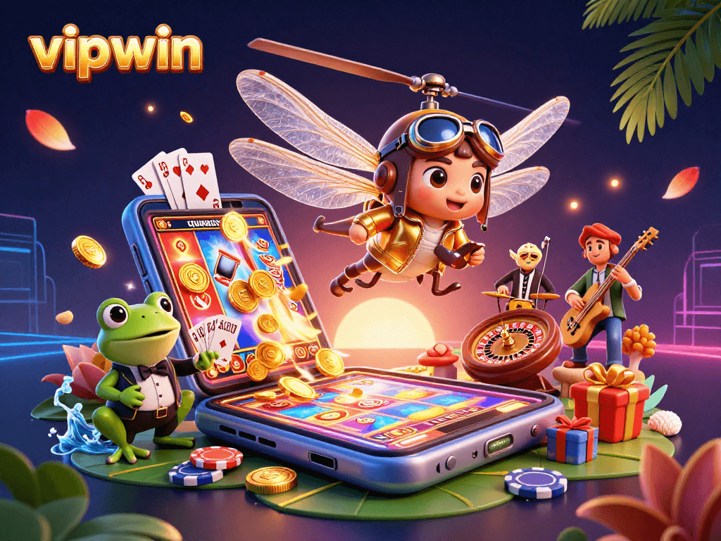 Experience vibrant gaming action with vipwin as a dragonfly pilot hovers over a lily pad casino.