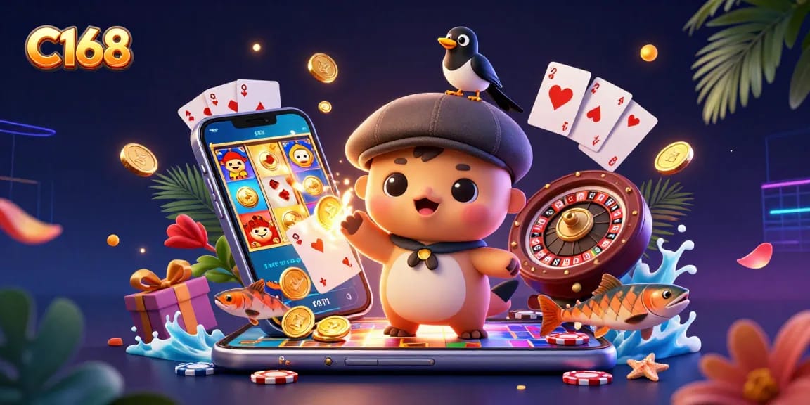 Engage with C168’s vibrant casino world, featuring playful characters and exciting game visuals.