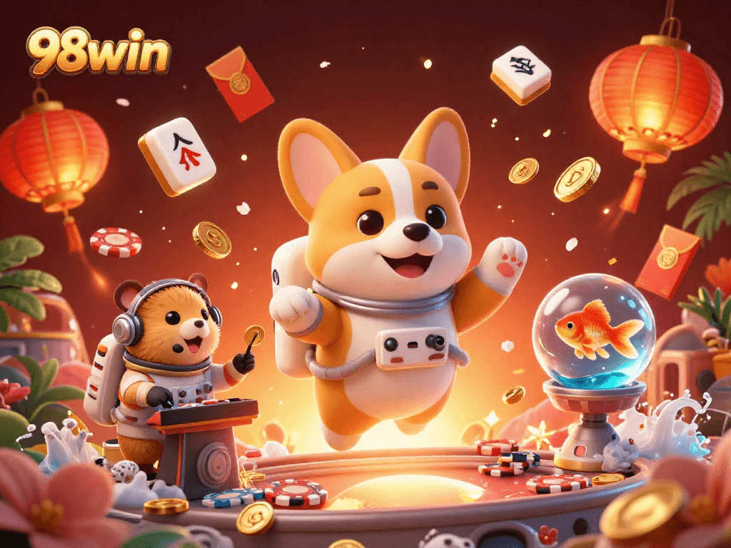 Experience winning moments at 98win in a vibrant space-themed casino with floating characters.