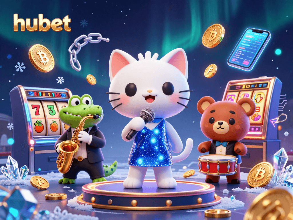 Join the fun at hubet with lively characters and vibrant casino elements in this festive scene.