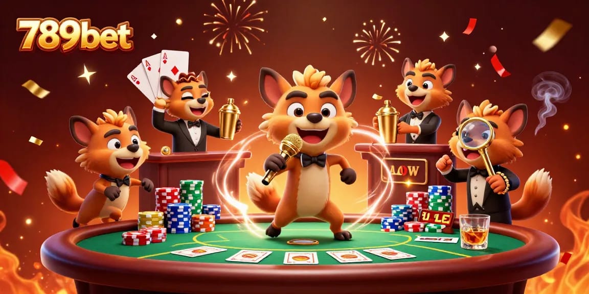 Experience the thrill of 789bet with lively hyenas at a comedy casino club, surrounded by vibrant gambling elements.