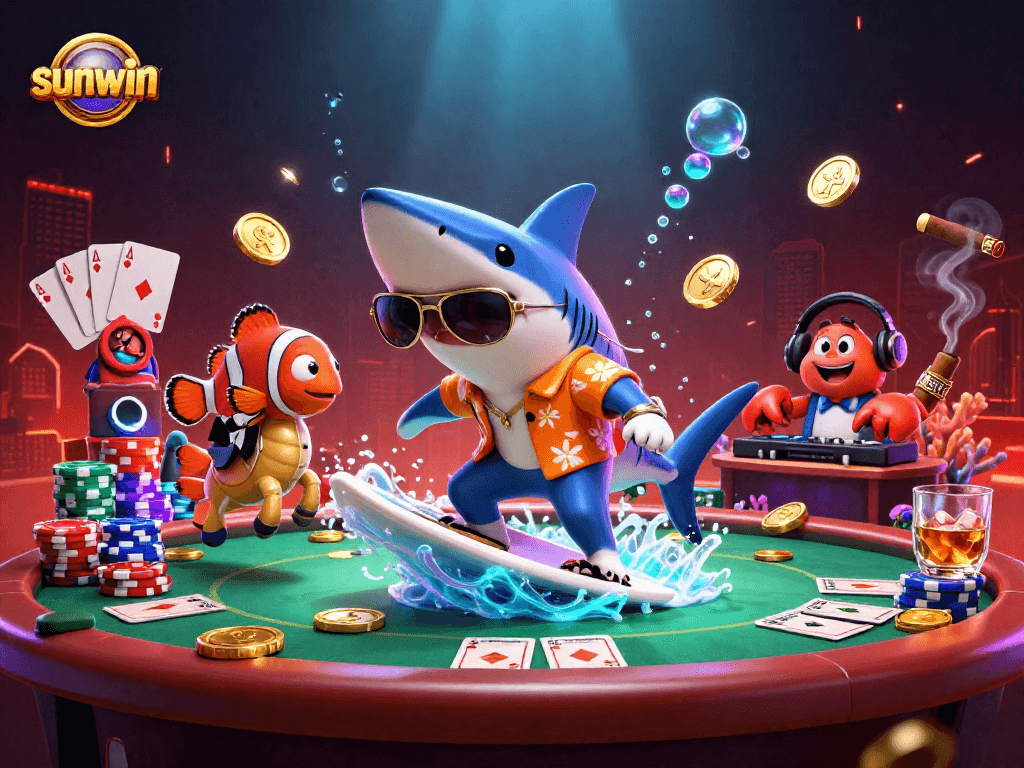 Experience the sunwin thrill with this vibrant 3D casino scene featuring animated characters in action.