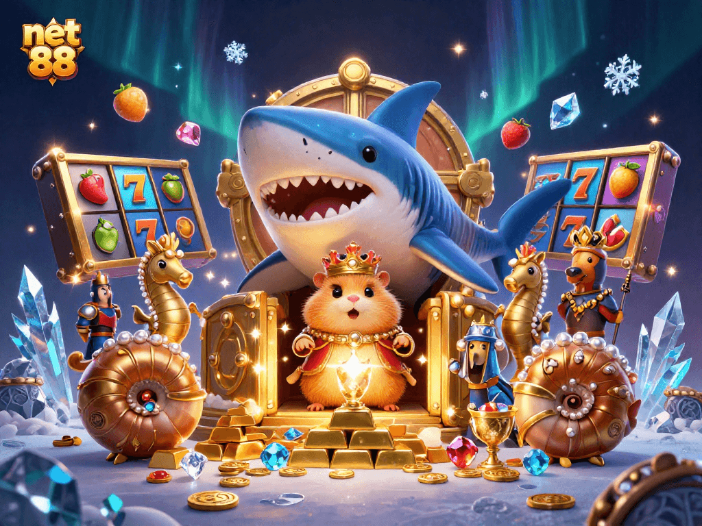 Spin the reels like a pro at net 88 with golden treasures and royal characters in a vibrant scene.