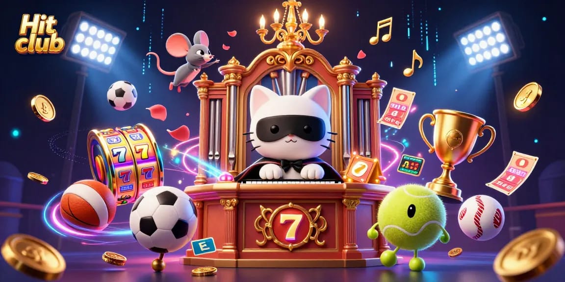 Hit club brings excitement with a 3D gaming scene featuring slot reels and floating sports elements.