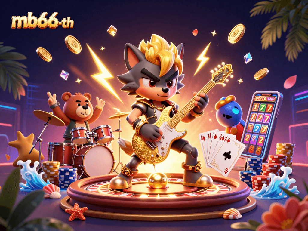 Experience the excitement of mb66-th with a dynamic scene of casino fun: rock star wolf, drummer bear, and golden games!