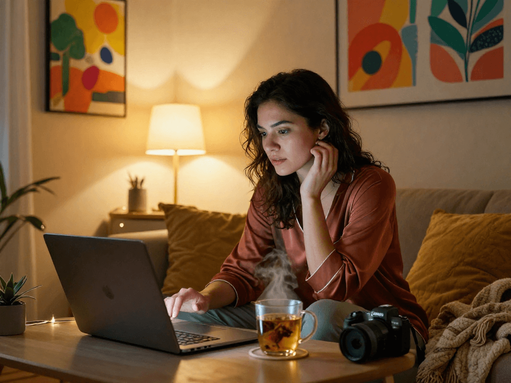 Engaging experience of porn chat ai in a cozy urban apartment scene with video chat settings.