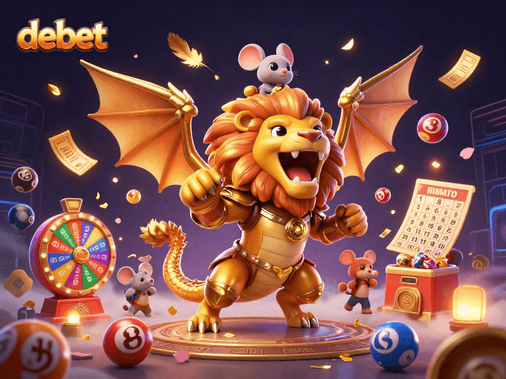Engage in thrilling debet activities with a vibrant, dynamic 3D casino scene featuring lottery elements.
