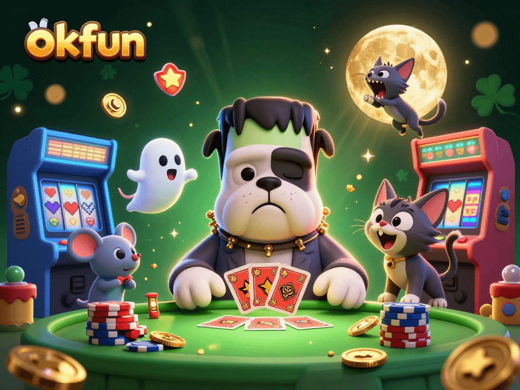 Experience thrilling card games at okfun with a spooky casino scene featuring animated characters and vibrant elements.