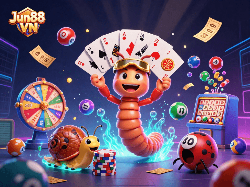 Engage in thrilling gameplay at Jun88 VN with vibrant scenes of dynamic betting and animated casino characters.