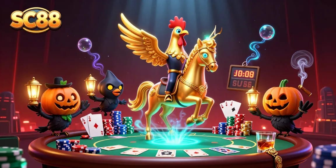 SC88 casino scene features a golden rooster and spectral horse amid vibrant poker elements.