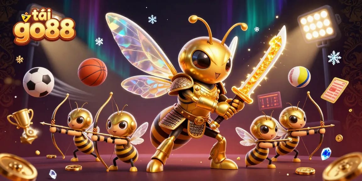 Experience the thrill while playing tải go88 with a vibrant 3D casino scene featuring a hornet warrior and sports elements.
