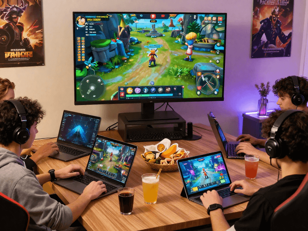 Players engaged in vibrant porn games online across devices, highlighting interactive gaming atmosphere.
