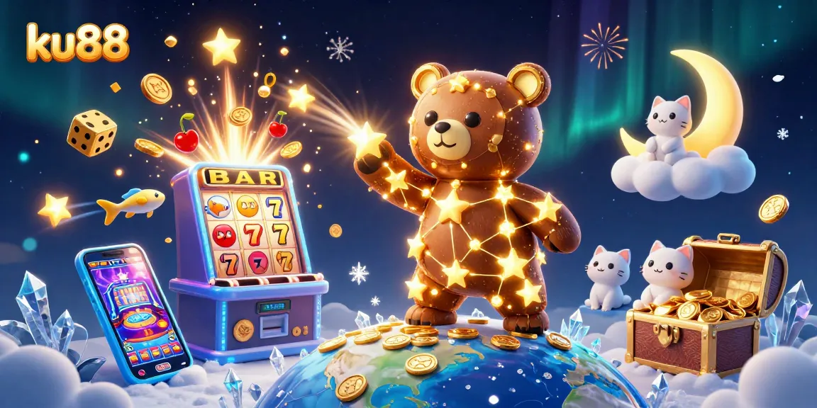 ku88 slots burst into action with coins flying from a dynamic slot machine illustration