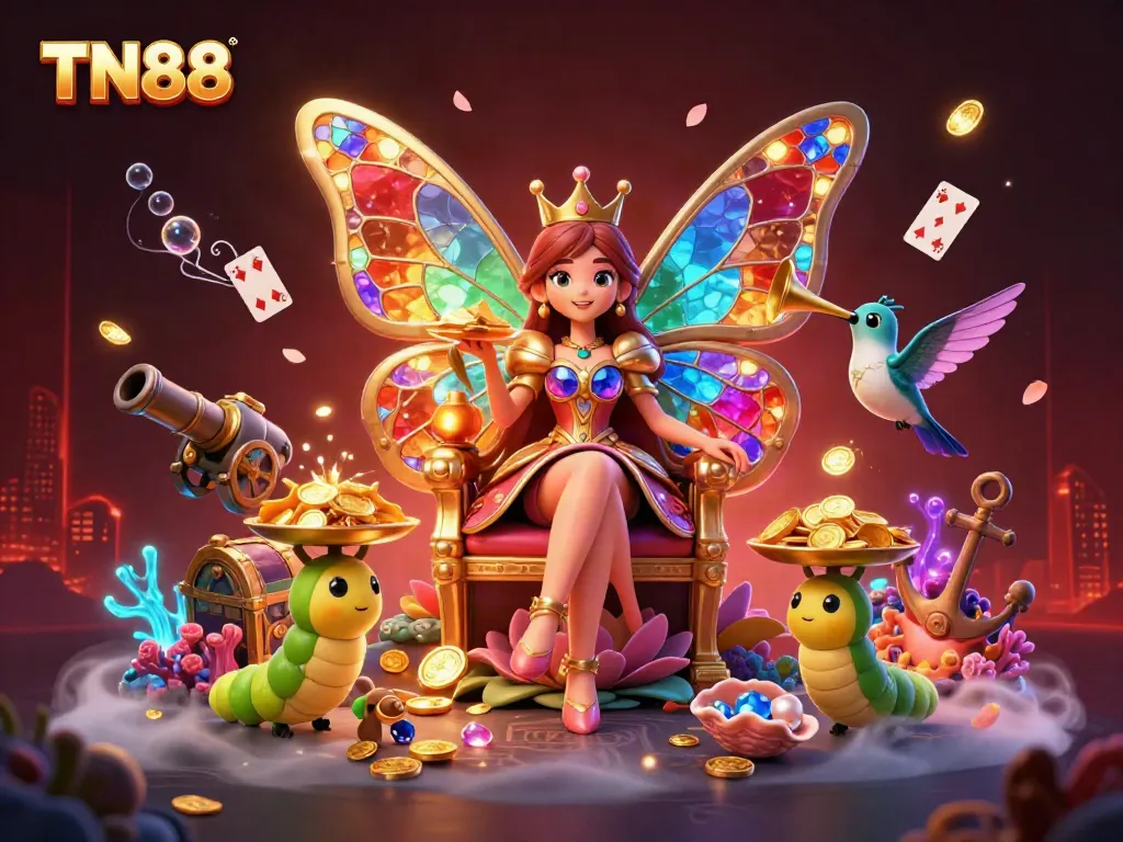 Experience the excitement of TN88 with vibrant casino elements and a whimsical butterfly queen.