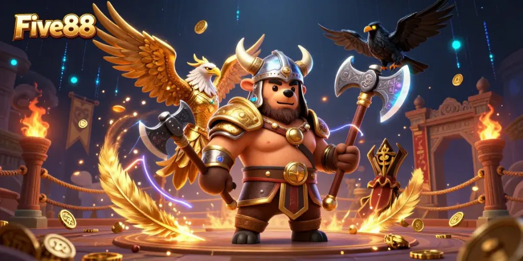 Experience the excitement of Five88 with a vibrant 3D casino scene packed with action and dynamic characters.