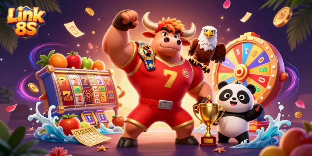 Experience excitement with Link 8S as a bull mascot celebrates victory surrounded by colorful slot elements.